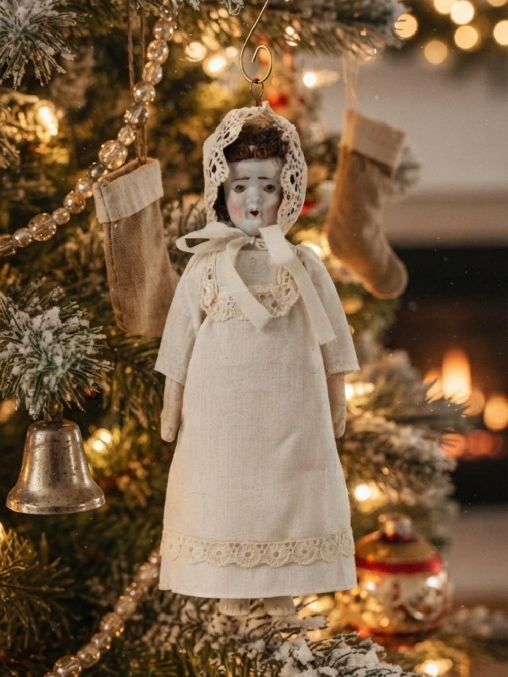 Antique style 7" Small Pale Procelain Bisque/Fabric White Face & Dress ornament